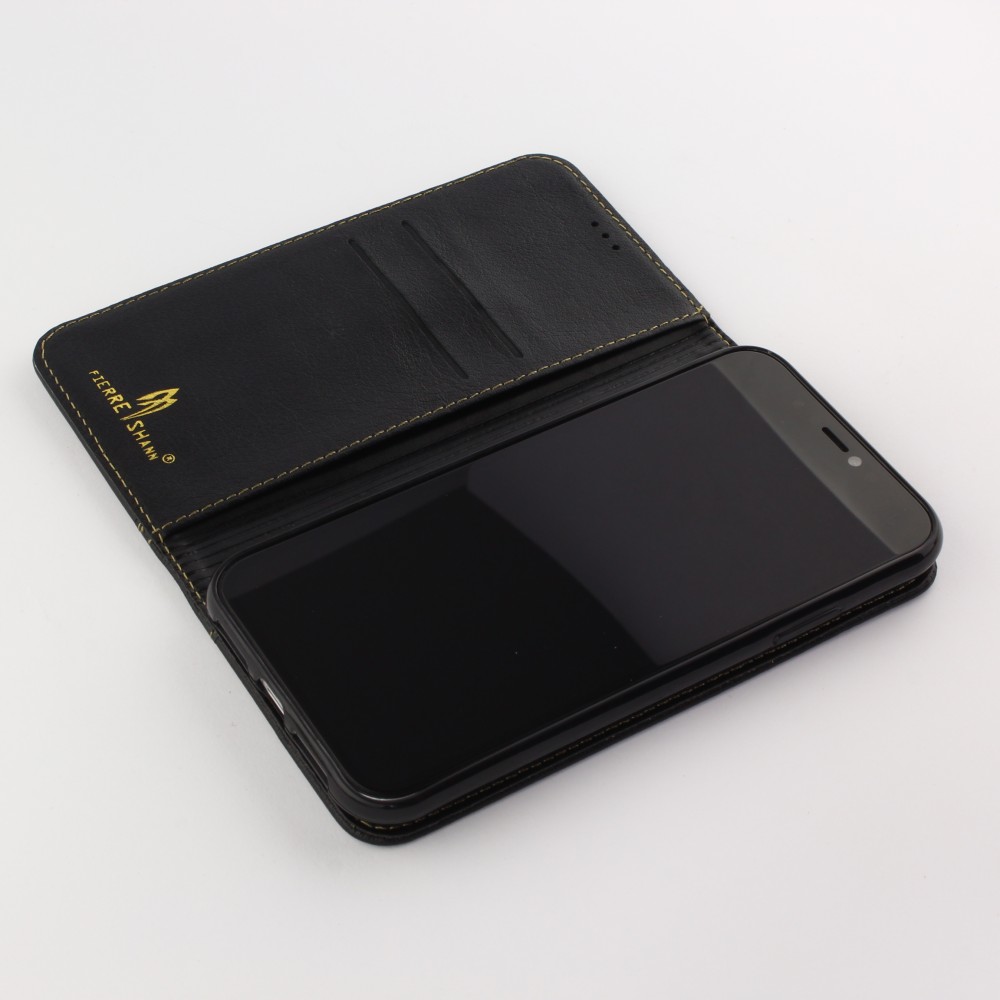 Fourre iPhone 15 - Flip Fierre Shann cuir véritable - Noir