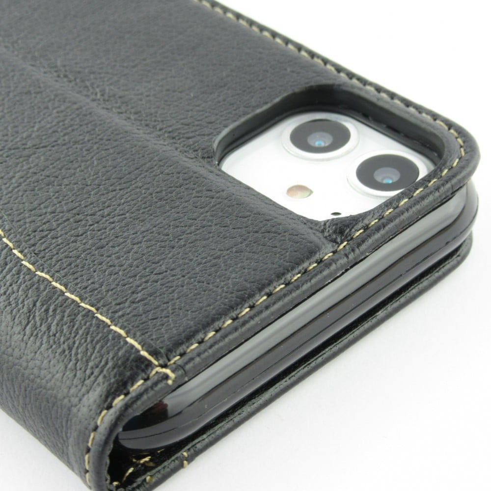 Fourre iPhone 15 - Flip Fierre Shann cuir véritable - Noir
