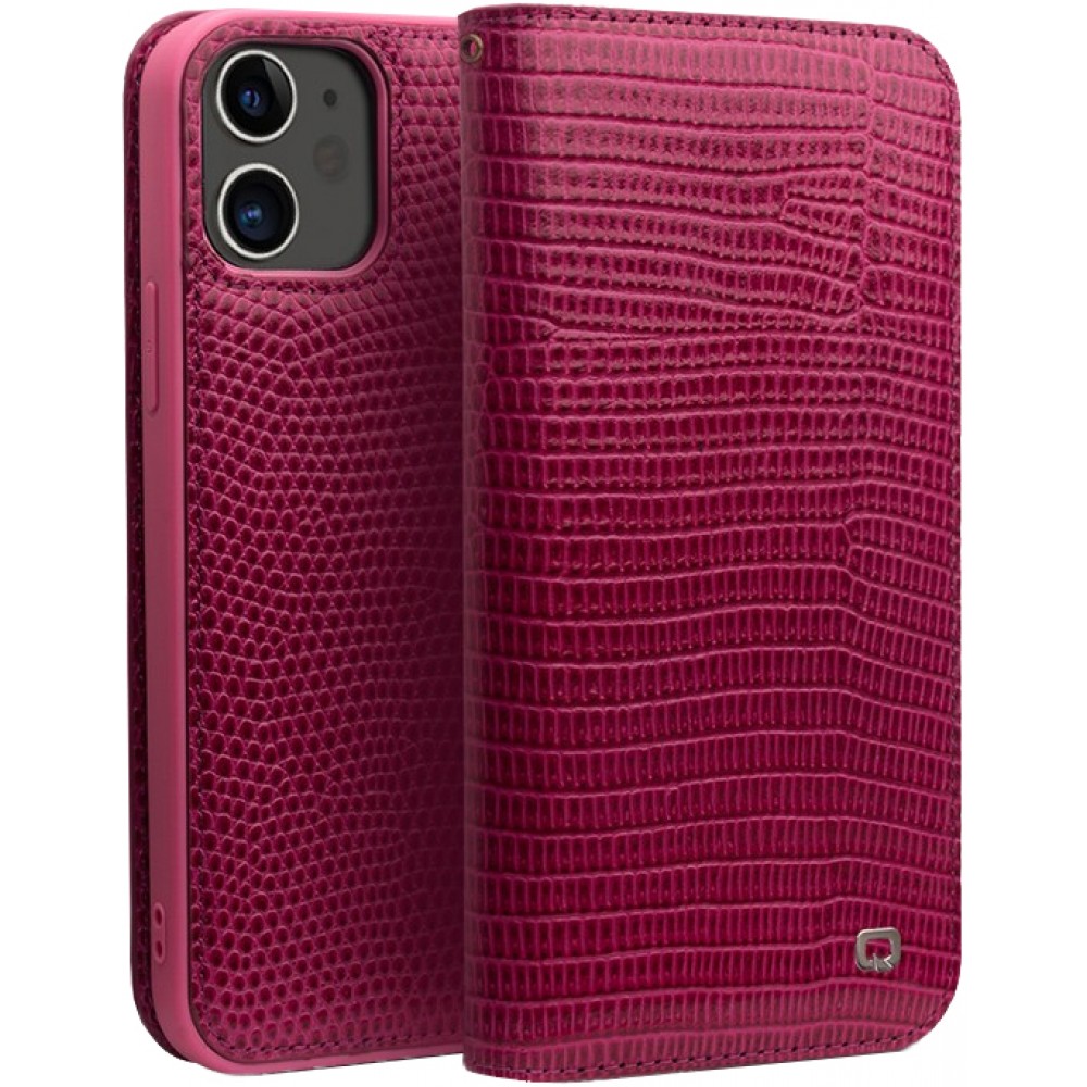 Hülle iPhone 14 Plus - Qialino Croco Flip Echtleder - Rosa