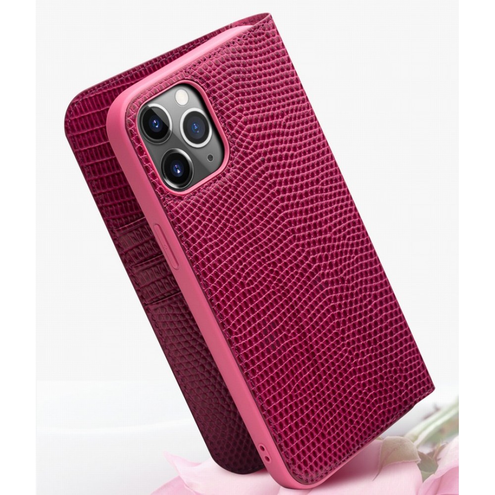 Hülle iPhone 12 / 12 Pro - Qialino Croco Flip Echtleder - Rosa