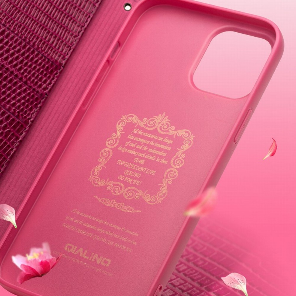 iPhone 13 Case Hülle - Qialino Croco Flip Echtleder - Rosa