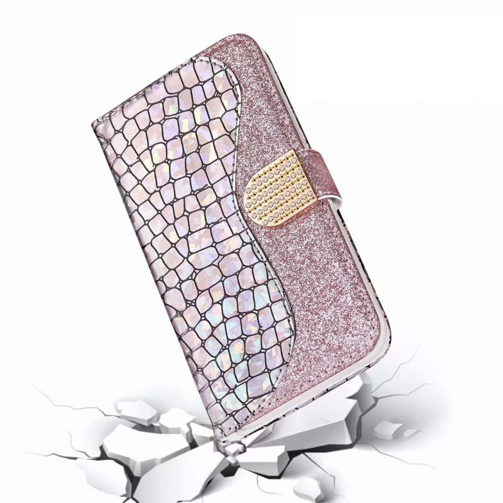 Hülle iPhone 13 mini - Flip Croco Strass  - Rosa