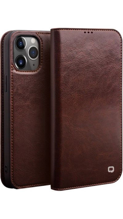 Fourre iPhone 12 mini - Flip Qialino cuir véritable - Brun