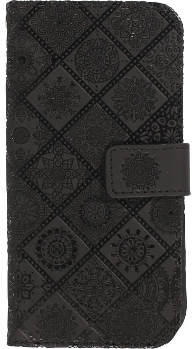 Fourre iPhone 12 / 12 Pro - Premium Flip Wallet caoutchouc motif oriental avec fermeture aimantée - Noir