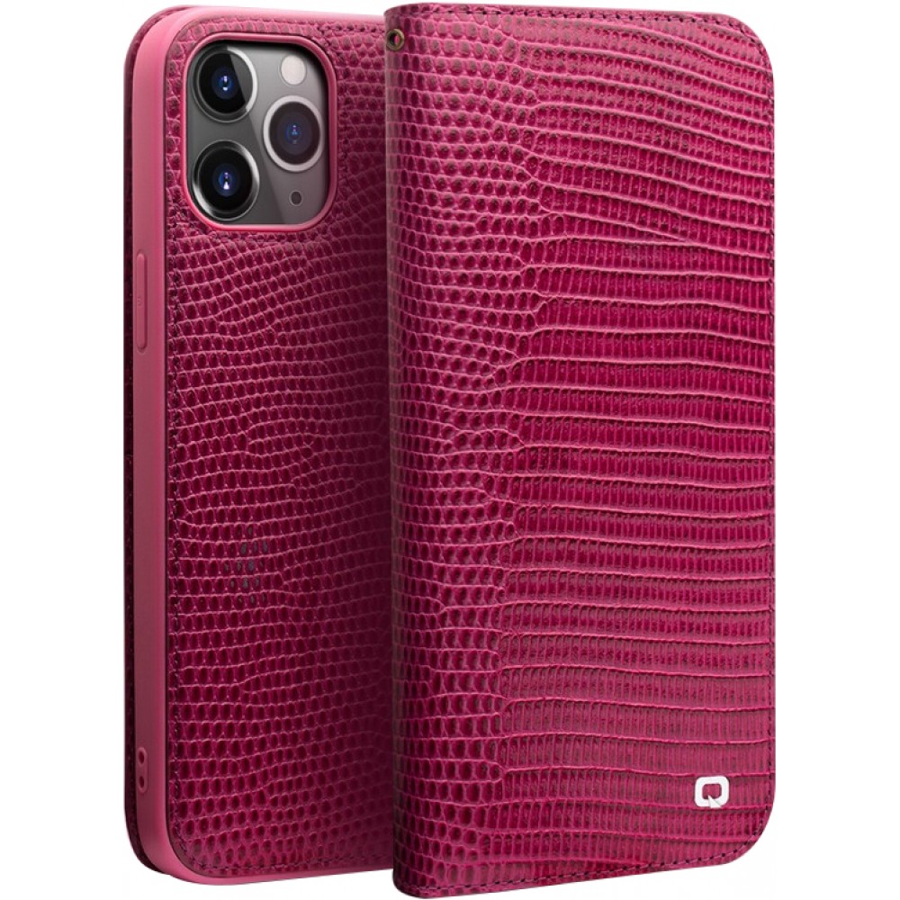 Fourre iPhone 15 Pro Max - Flip Croco Qialino cuir véritable - Rose