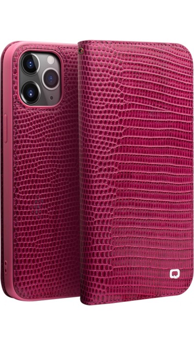 Fourre iPhone 15 Pro Max - Flip Croco Qialino cuir véritable - Rose