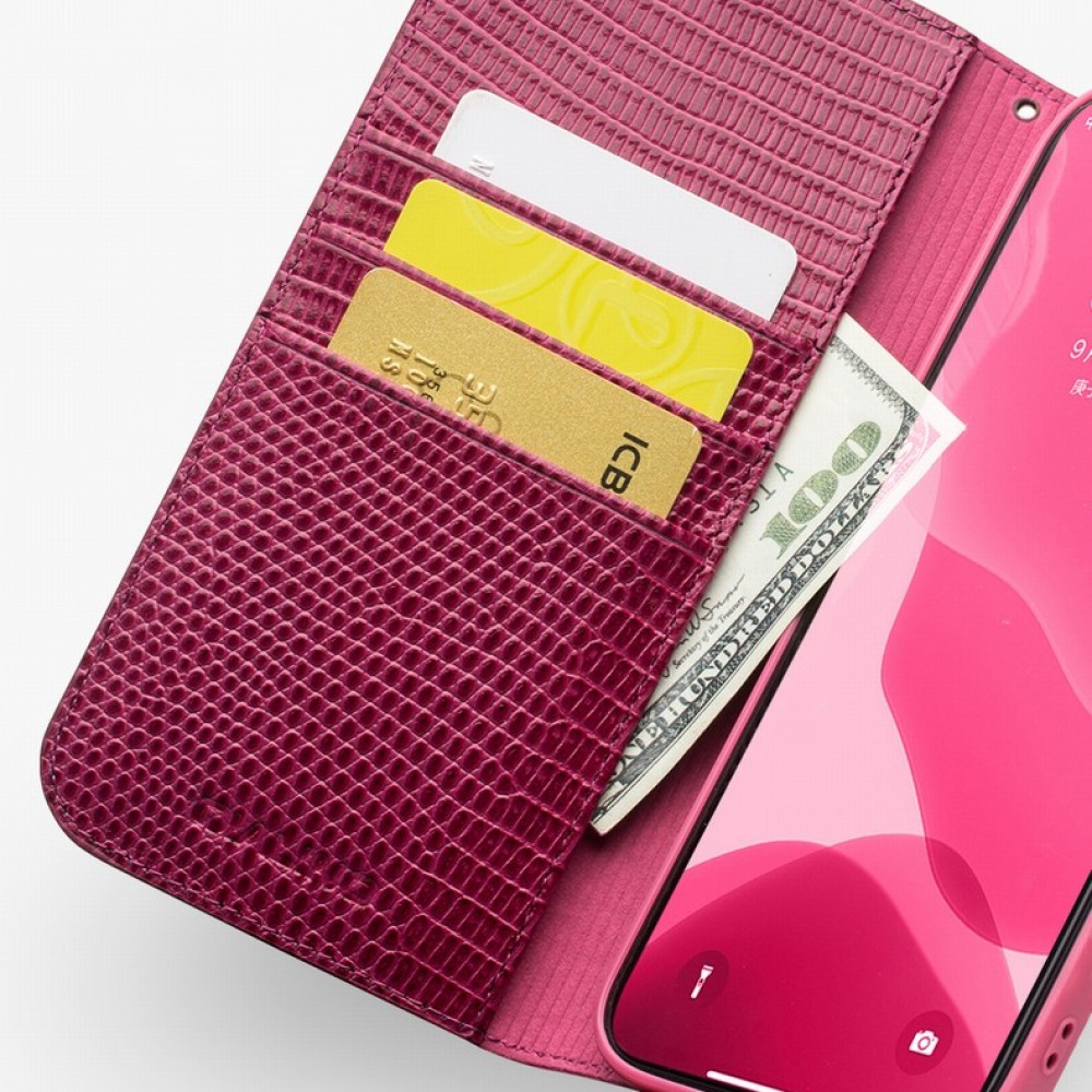 Fourre iPhone 14 Pro - Flip Croco Qialino cuir véritable - Rose