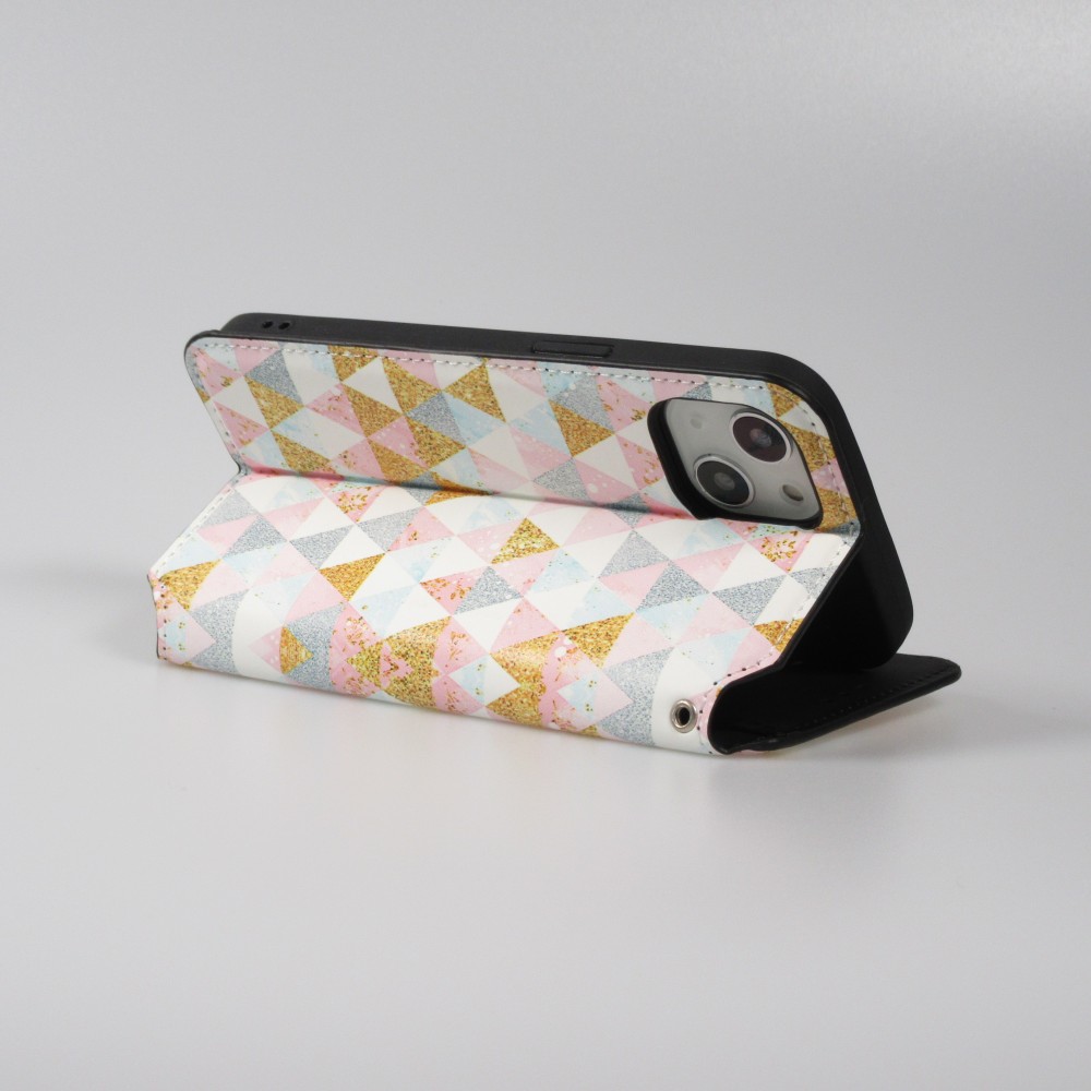 Fourre iPhone 13 - Flip Géométrique triangles avec rangement pour cartes de crédit, billet, carte SIM
