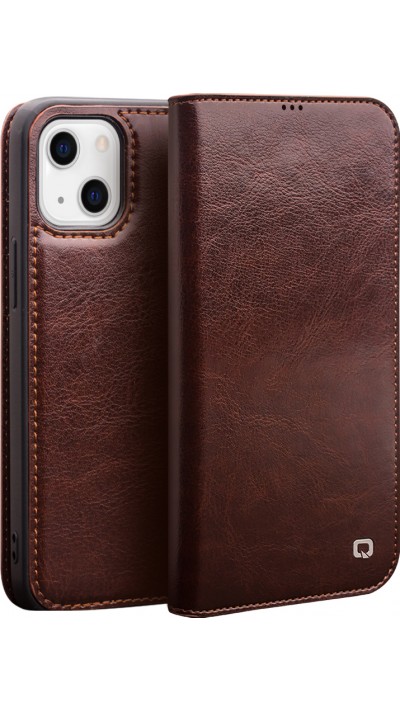 Fourre iPhone 13 - Flip Qialino cuir véritable - Brun