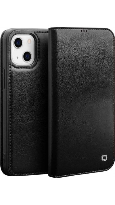 Fourre iPhone 15 - Flip Qialino cuir véritable - Noir