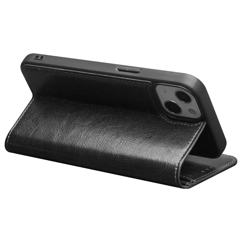 Fourre iPhone 14 - Flip Qialino cuir véritable - Noir