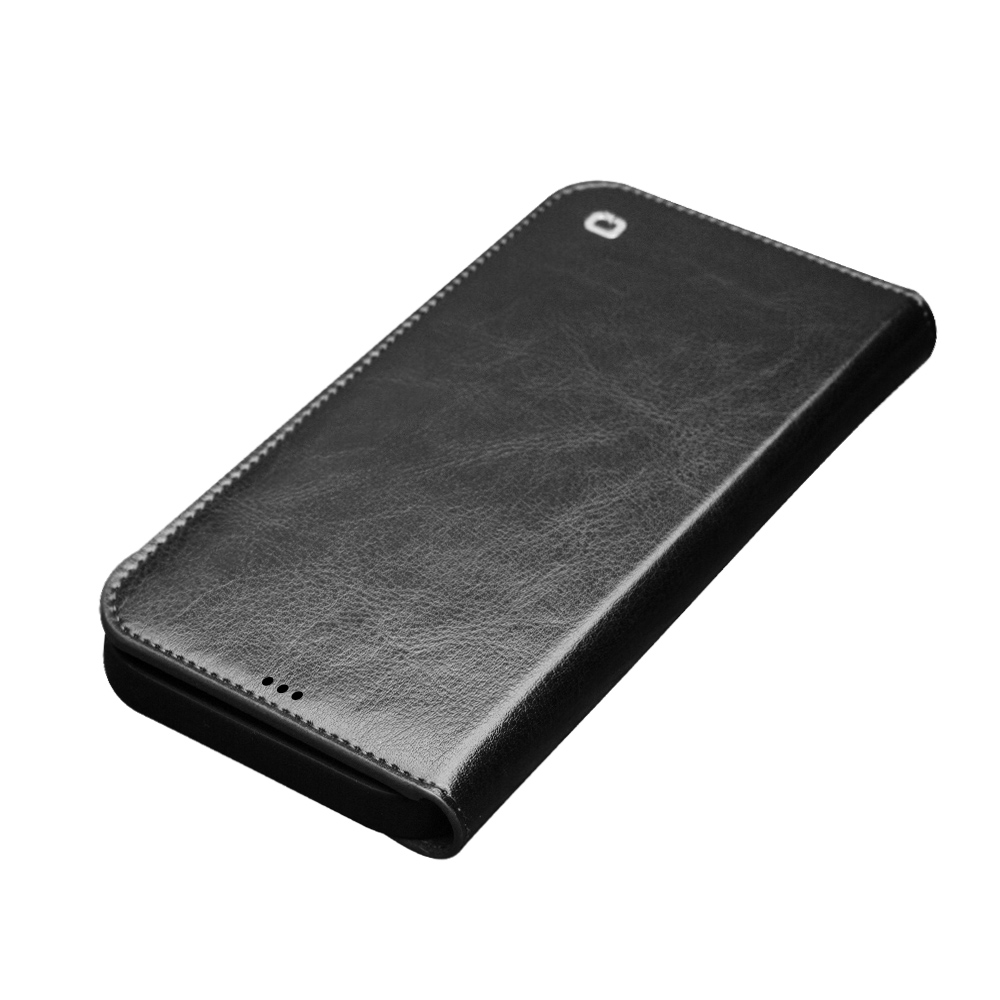 iPhone X / Xs Case Hülle - Qialino Flip Echtleder - Schwarz