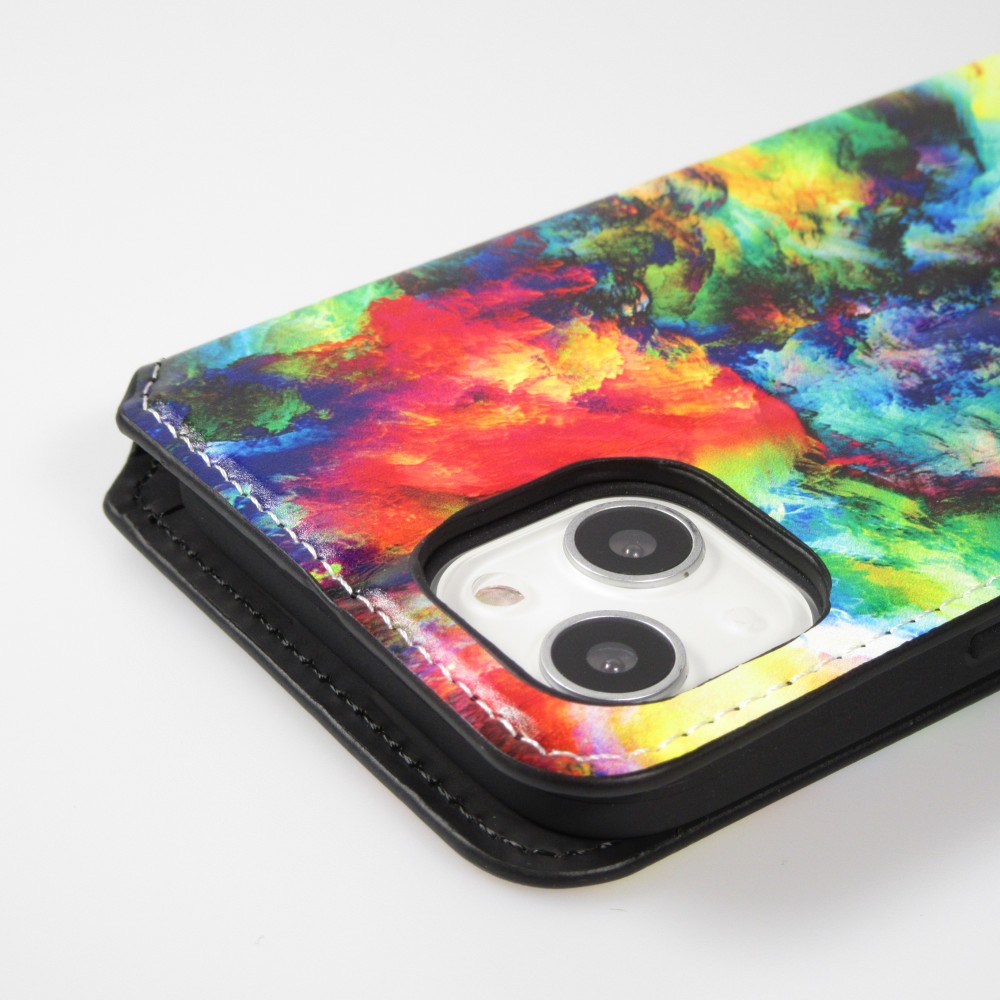 Fourre iPhone 13 - Flip peinture multi-couleur avec rangement pour cartes de crédit, billet, carte SIM