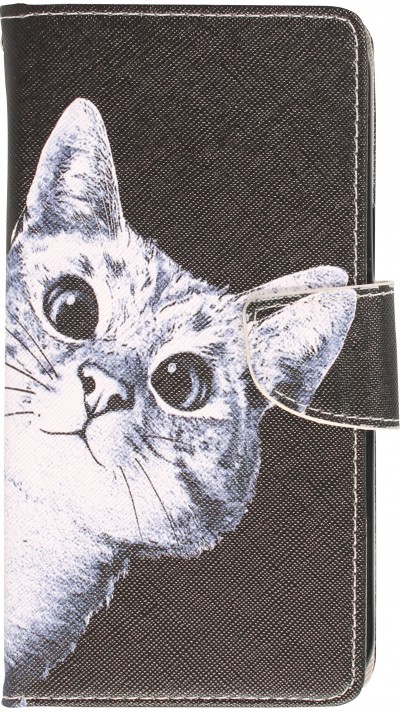 Fourre iPhone 13 - Premium Wallet flip fermeture magnétique et porte-carte - Cat Looking at you - Noir