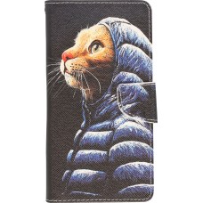 iPhone 13 Case Hülle - Premium Wallet Flip-Magnetverschluss und Kartenfach - Katze in Jacke - Schwarz