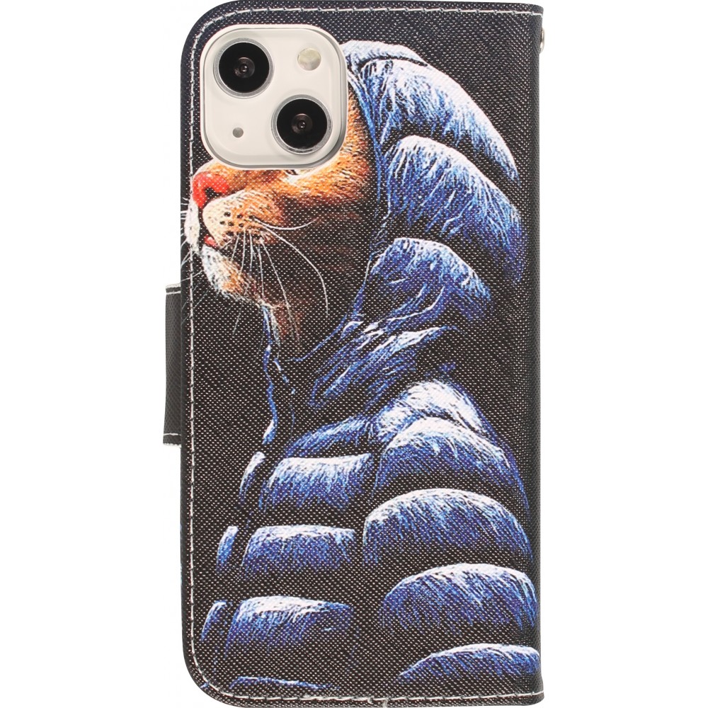 iPhone 13 Case Hülle - Premium Wallet Flip-Magnetverschluss und Kartenfach - Katze in Jacke - Schwarz