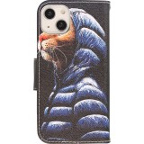iPhone 13 Case Hülle - Premium Wallet Flip-Magnetverschluss und Kartenfach - Katze in Jacke - Schwarz