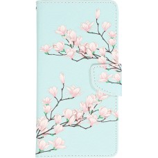 Fourre iPhone 13 - Premium Wallet flip fermeture magnétique et porte-carte - Fleures Sakura - Bleu clair