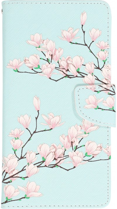 iPhone 13 Case Hülle - Premium Wallet Flip-Magnetverschluss und Kartenfach - Sakura Baum - Hellblau