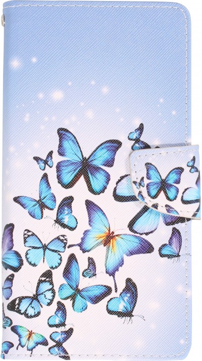 iPhone 13 Case Hülle - Premium Wallet Flip-Magnetverschluss und Kartenfach - Schmetterlings Schwarm - Hellviolett