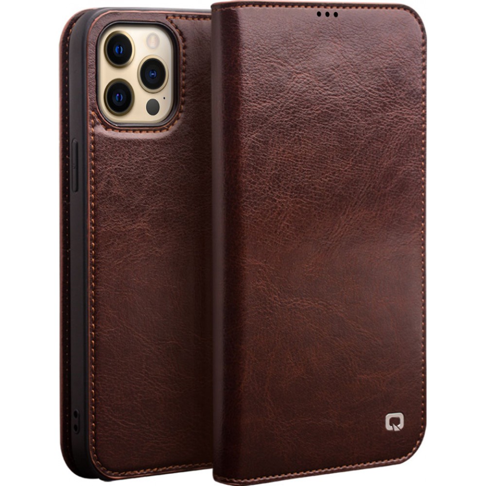 Fourre iPhone 15 Pro - Flip Qialino cuir véritable - Brun