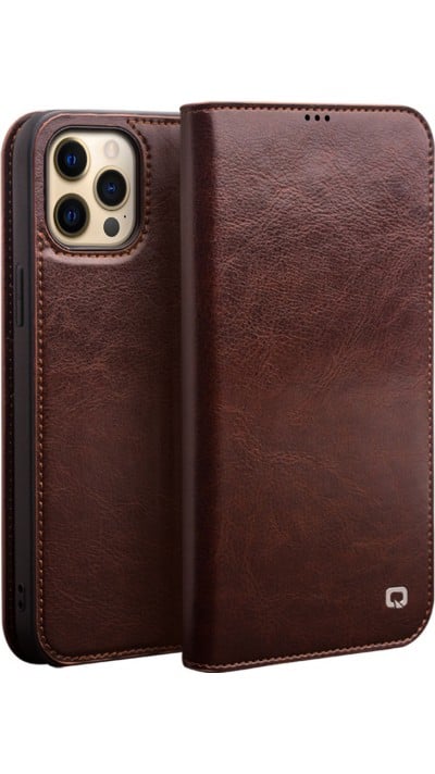 Fourre iPhone 14 Pro Max - Flip Qialino cuir véritable - Brun