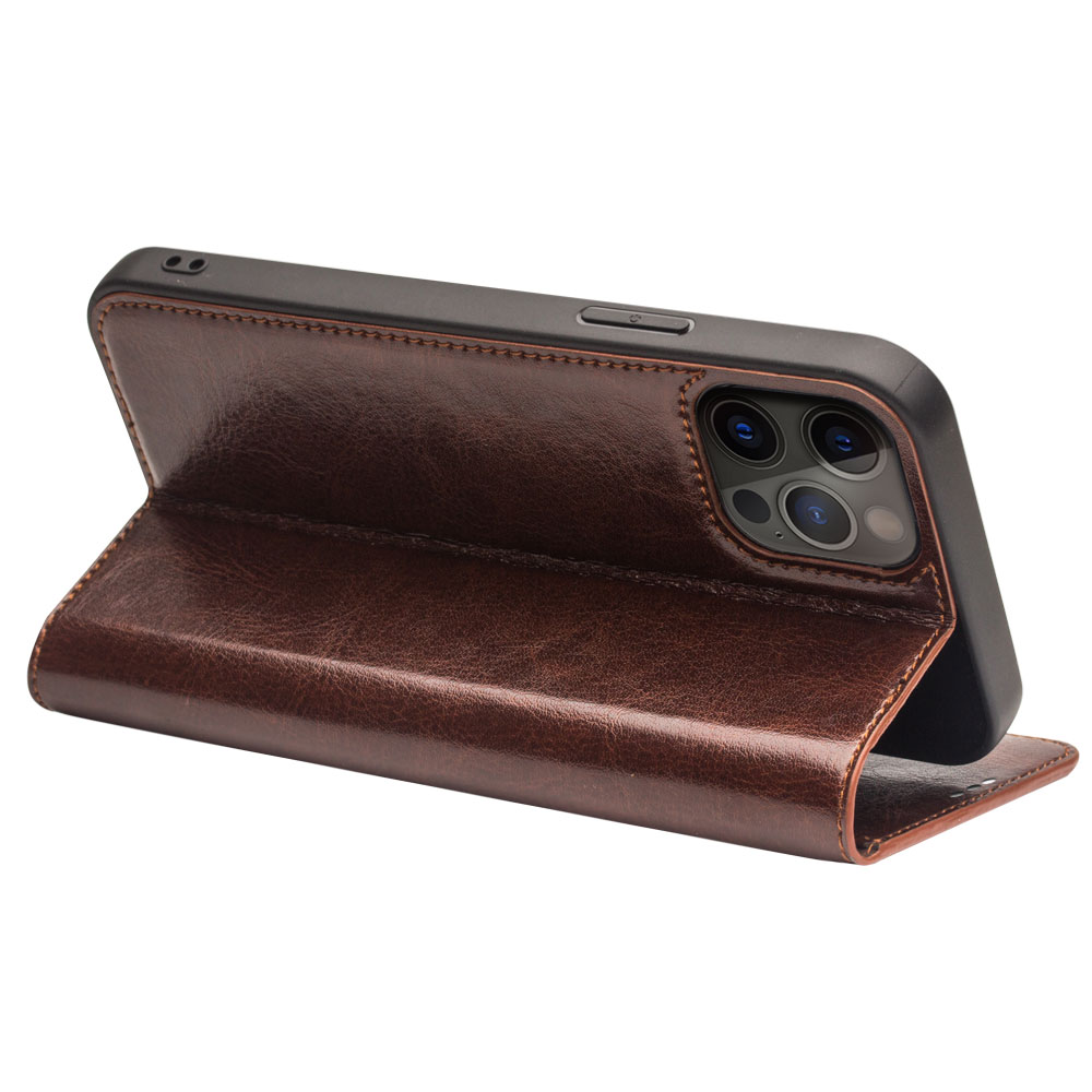 Fourre iPhone 13 Pro - Flip Qialino cuir véritable - Brun