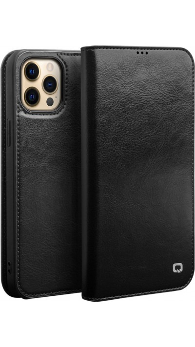 iPhone 14 Pro Max Case Hülle - Qialino Flip Echtleder - Schwarz