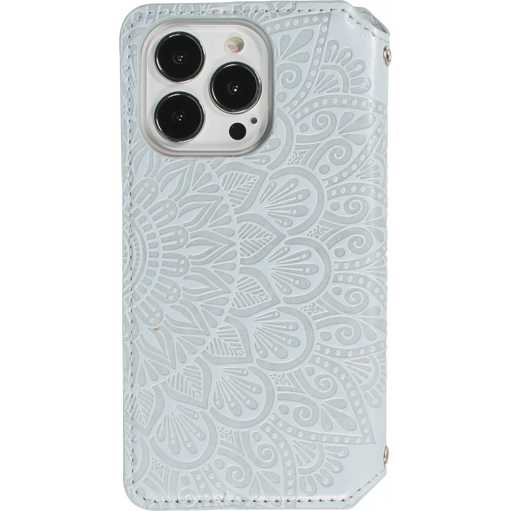 Fourre iPhone 13 Pro - Flip Wallet fashion mandala design artistique - Gris