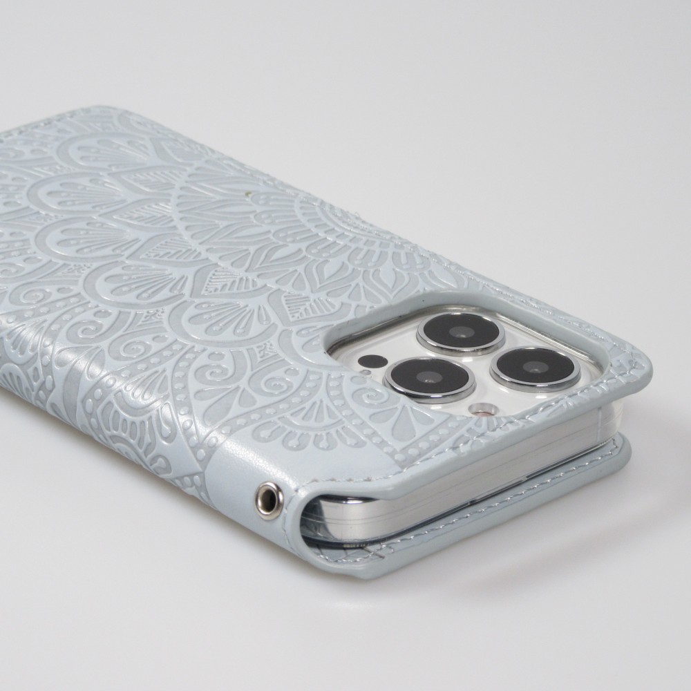 Fourre iPhone 13 Pro - Flip Wallet fashion mandala design artistique - Gris