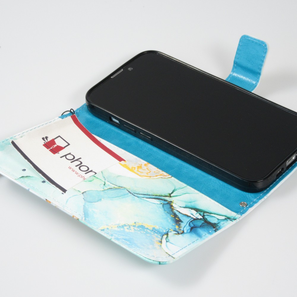 iPhone 12 / 12 Pro Case Hülle - Flip Wallet Liquid Color mit Magnet Verschluss - Mint Wave