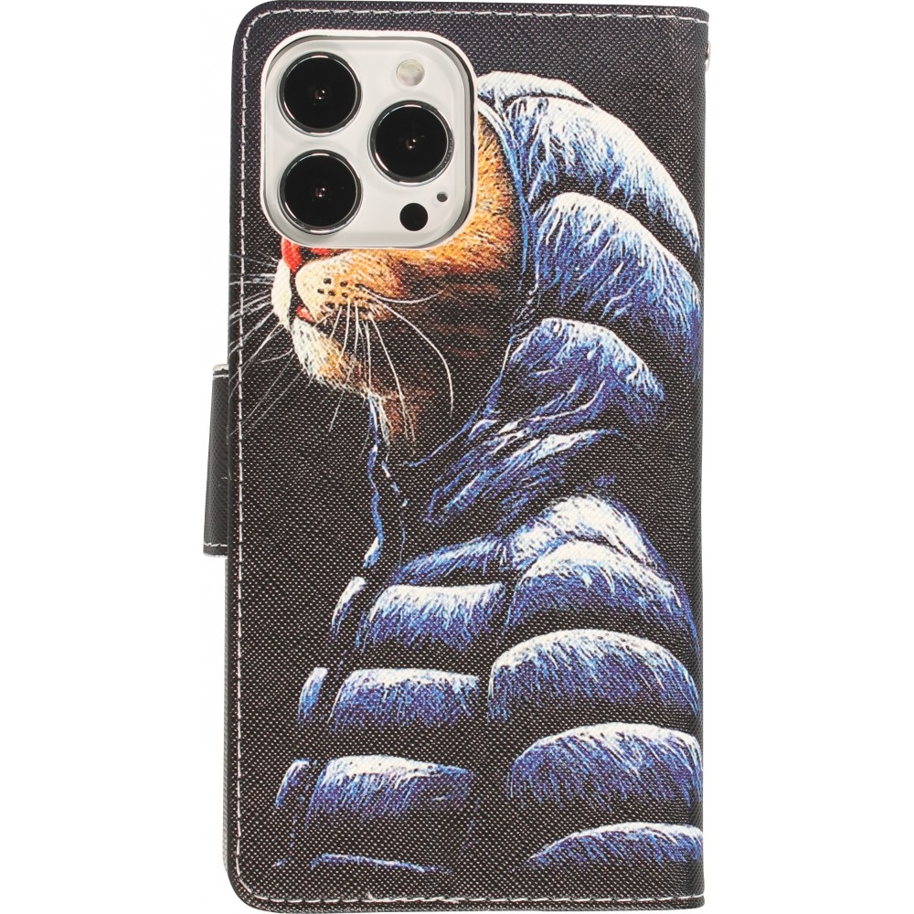 Fourre iPhone 13 Pro - Premium Wallet flip fermeture magnétique et porte-carte - Chat en doudoune - Noir
