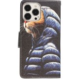 Fourre iPhone 13 Pro - Premium Wallet flip fermeture magnétique et porte-carte - Chat en doudoune - Noir