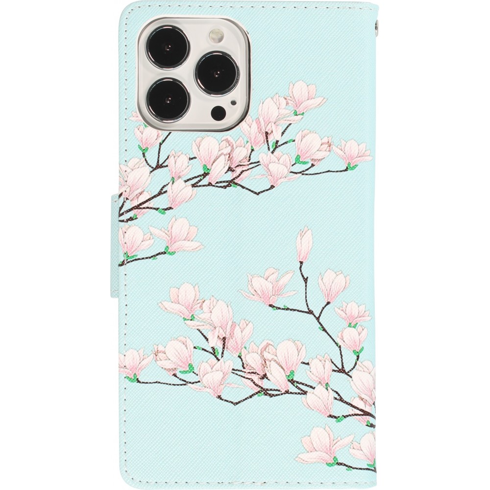 iPhone 12 / 12 Pro Case Hülle - Premium Wallet Flip-Magnetverschluss und Kartenfach - Sakura Baum - Hellblau