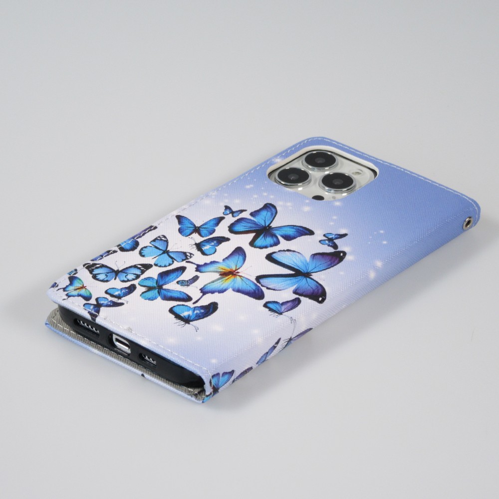 Fourre iPhone 13 Pro Max - Premium Wallet flip fermeture magnétique et porte-carte - Nuée de papillons - Violet clair
