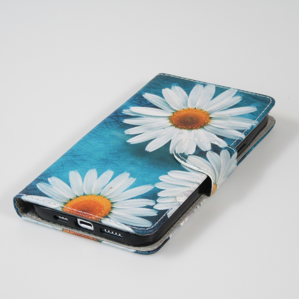 iPhone 13 Pro Case Hülle - Premium Wallet Flip-Magnetverschluss und Kartenfach - Gänseblümchen - Blau