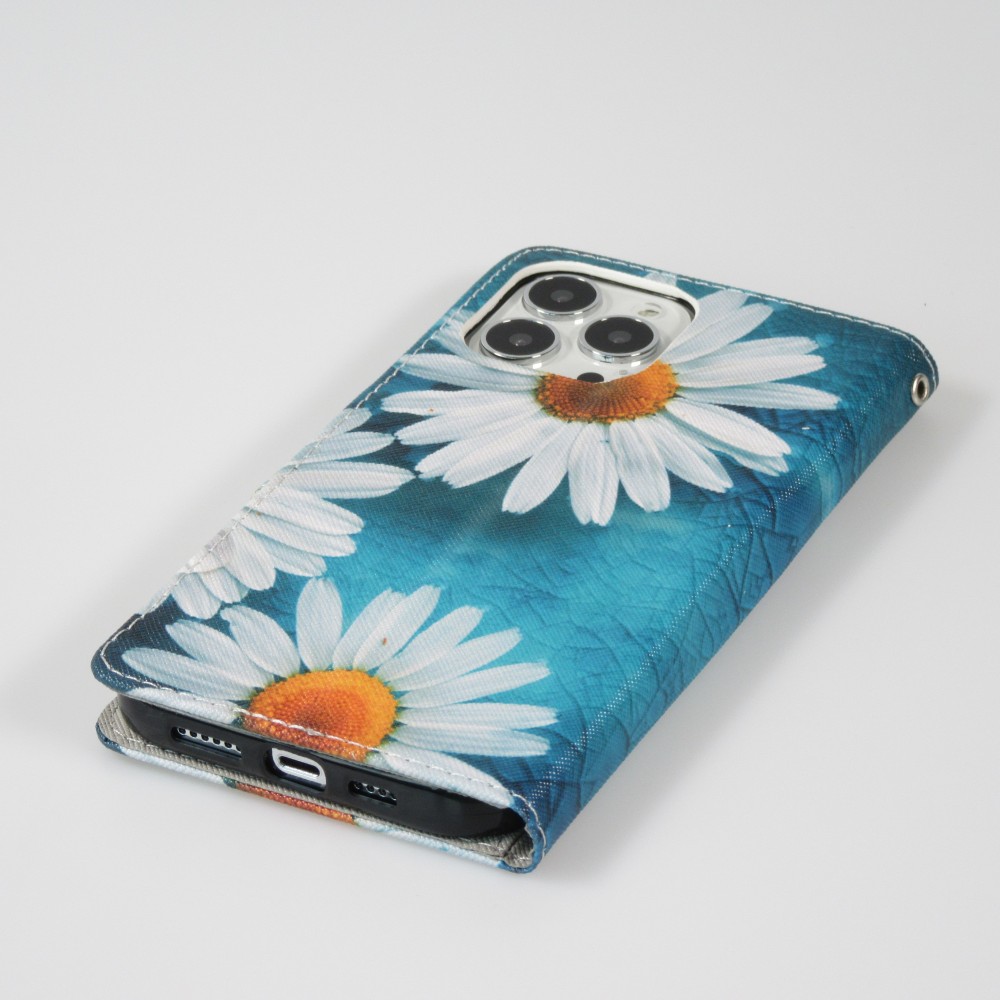 iPhone 13 Pro Case Hülle - Premium Wallet Flip-Magnetverschluss und Kartenfach - Gänseblümchen - Blau