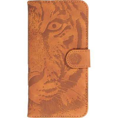 iPhone 15 Plus Case Hülle - 3D Flip Kunstleder Auge des Tigers - Braun
