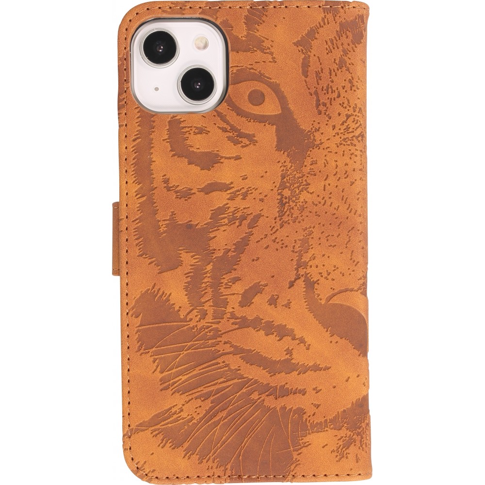 iPhone 15 Plus Case Hülle - 3D Flip Kunstleder Auge des Tigers - Braun
