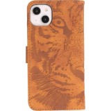 iPhone 15 Plus Case Hülle - 3D Flip Kunstleder Auge des Tigers - Braun