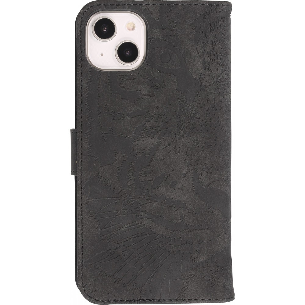 Fourre iPhone 15 - Flip 3D en similicuir Oeil du tigre - Noir