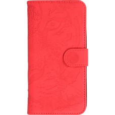 Fourre iPhone 15 - Flip 3D en similicuir Oeil du tigre - Rouge