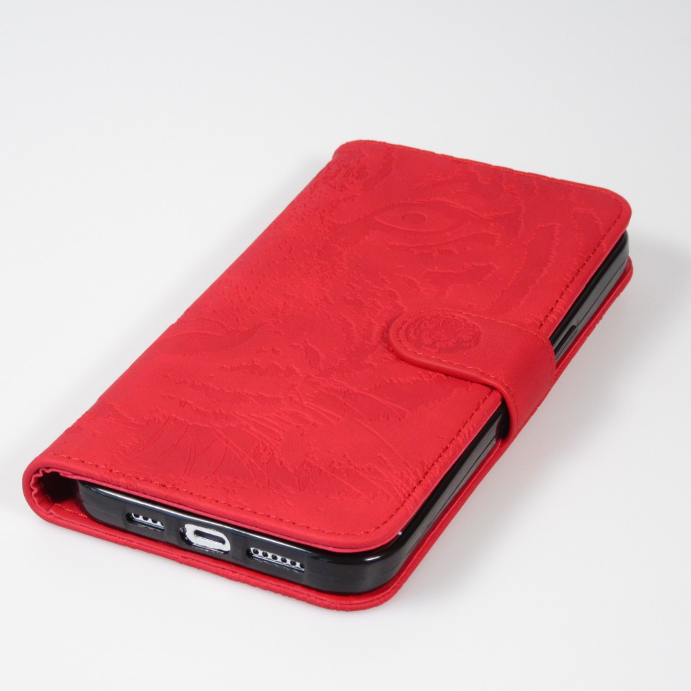 Fourre iPhone 15 Plus - Flip 3D en similicuir Oeil du tigre - Rouge