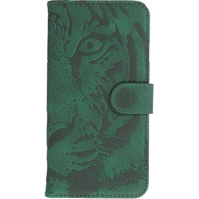 iPhone 15 Case Hülle - 3D Flip Kunstleder Auge des Tigers - Grün