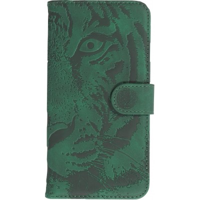 Fourre iPhone 14 - Flip 3D en similicuir Oeil du tigre - Vert