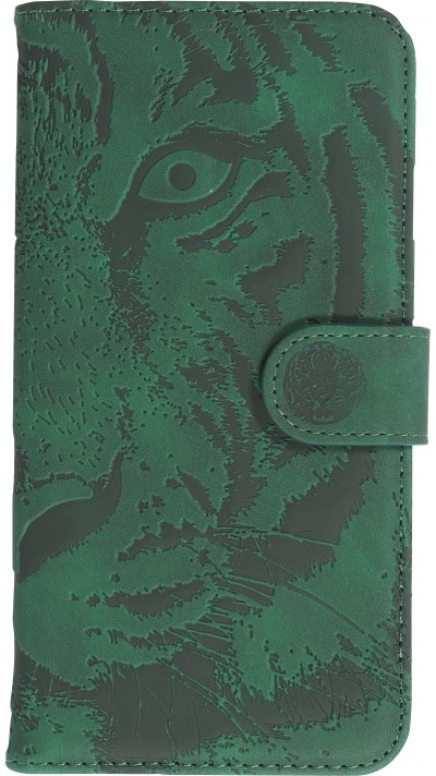 Fourre iPhone 14 - Flip 3D en similicuir Oeil du tigre - Vert