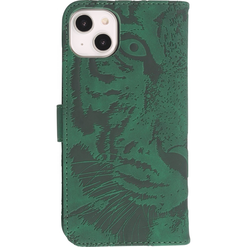 Fourre iPhone 15 - Flip 3D en similicuir Oeil du tigre - Vert