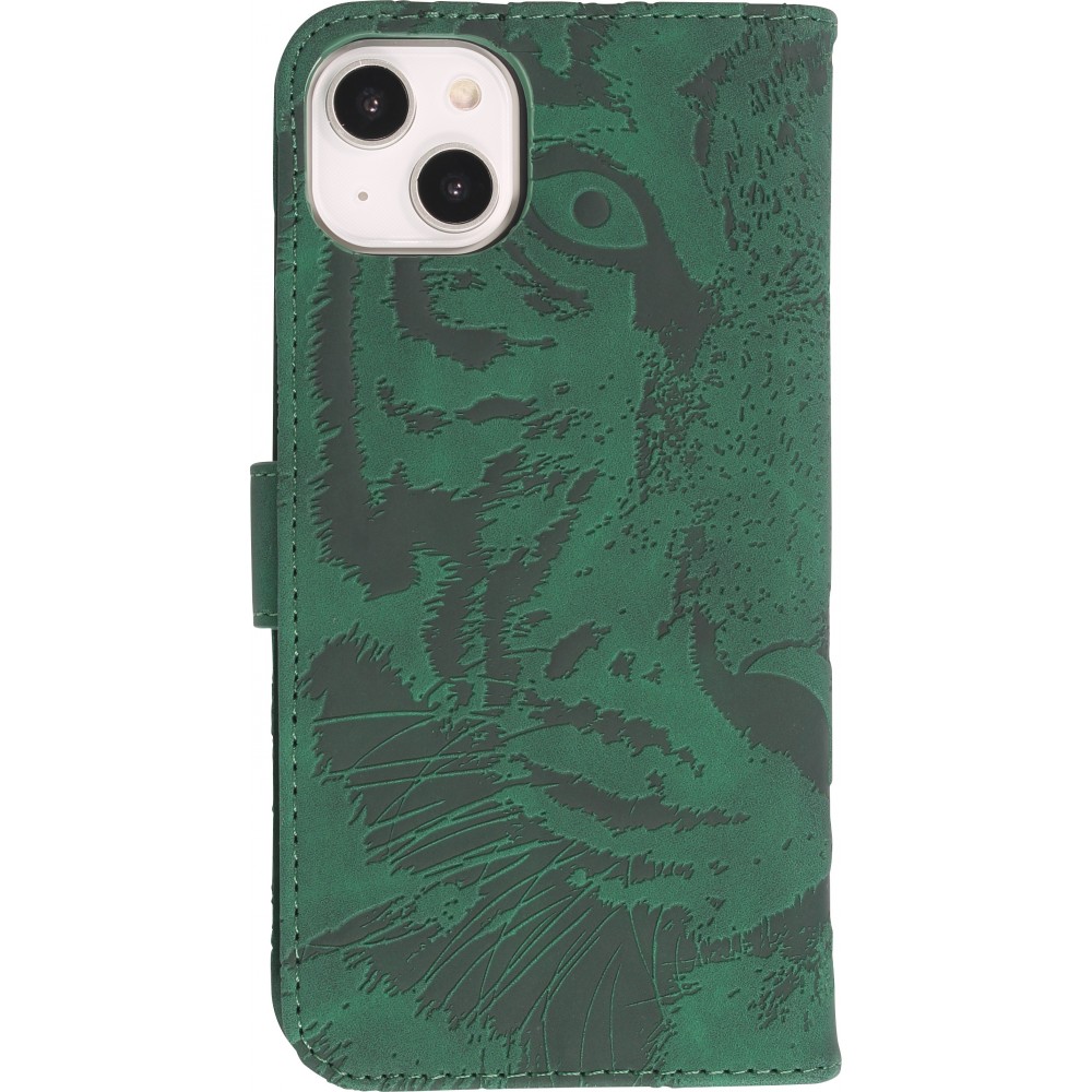 Fourre iPhone 15 Plus - Flip 3D en similicuir Oeil du tigre - Vert