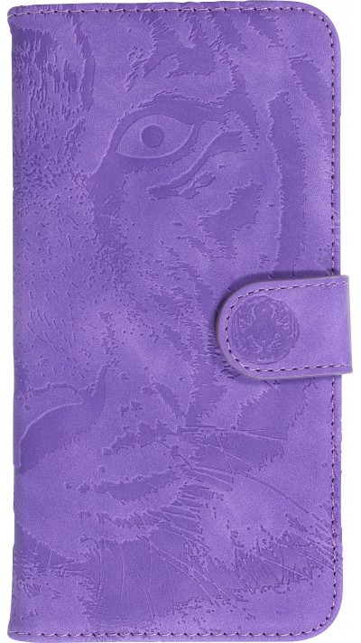 Fourre iPhone 15 Plus - Flip 3D en similicuir Oeil du tigre - Violet