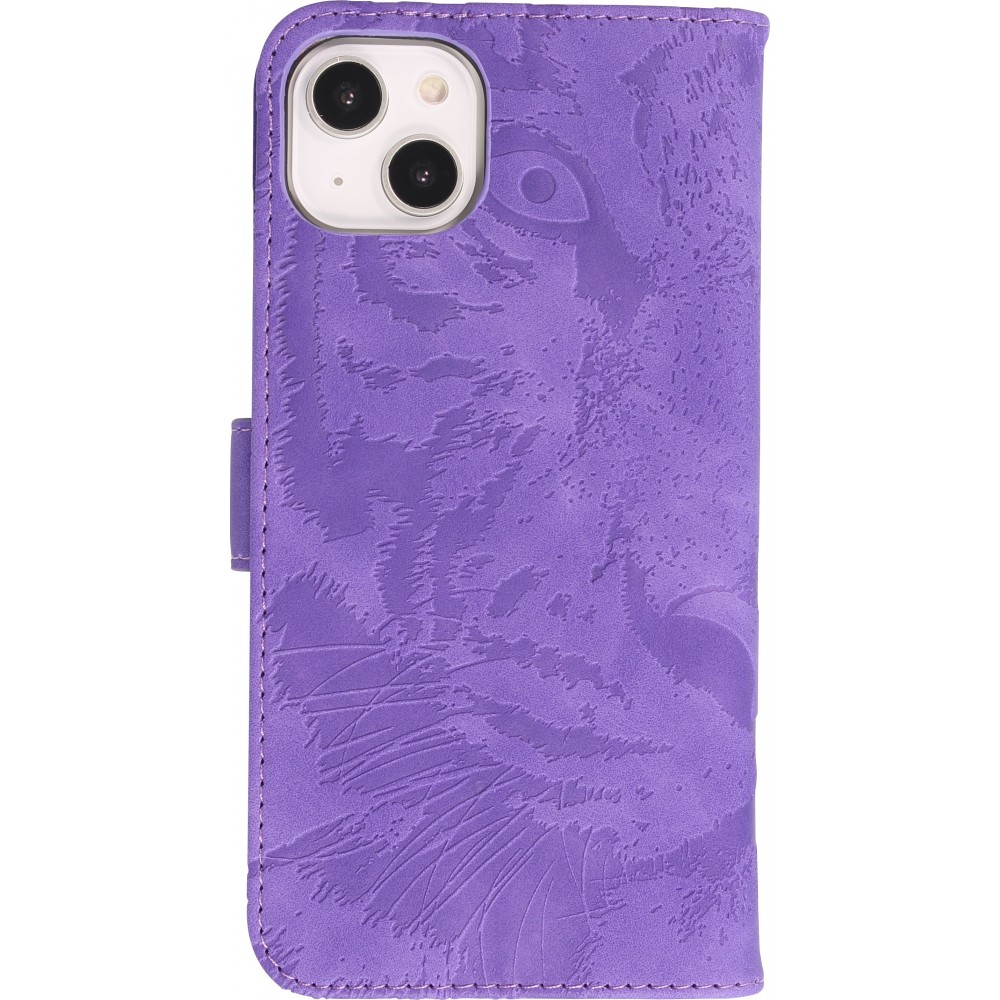 Fourre iPhone 14 Plus - Flip 3D en similicuir Oeil du tigre - Violet
